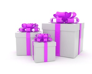 three gift boxes with bows isolated on white. 3d rendering.