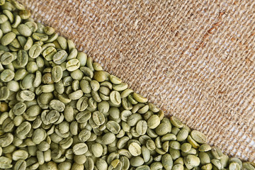 Coffee grains on sackcloth, closeup