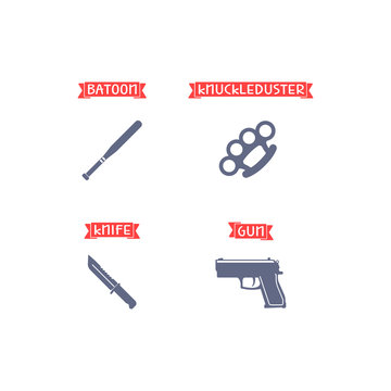 Ammunition icons with names on the red ribbon. Gun, knife, knuckle duster, batoon. Vector illustration