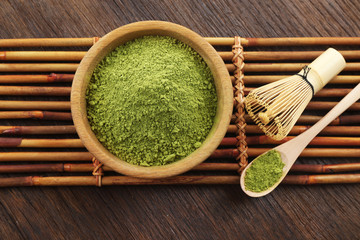 Bowl with matcha tea on the mat