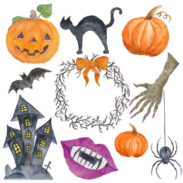 Halloween set Black Cat Castle Autumn October  Pumpkins Orange Funny watercolor illustration Hand-painted Isolated 