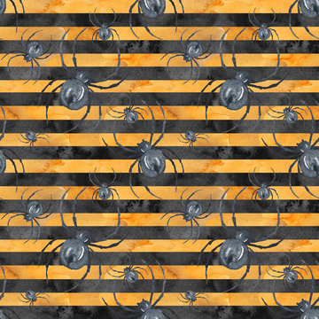 Halloween Seamless pattern  Spiders Stripes Orange Funny watercolor illustration Hand-painted Isolated 