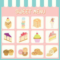 Illustration vector of sweet menu of dessert for bakery or cafe shop on pastel background colors.