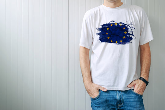Man wearing white shirt with EU flag print