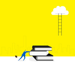 The ladder to cloud / A businessman is pushing books as steps to climb the ladder to cloud.
