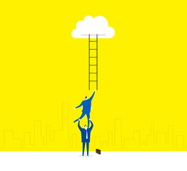 The ladder to cloud / Two business men work together to climb the ladder to cloud.