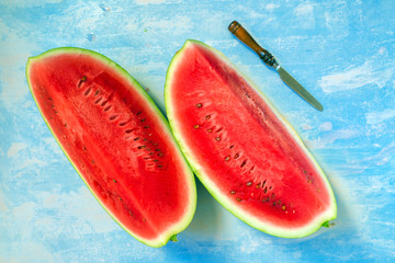 Sweet watermelon fruit slices, top view