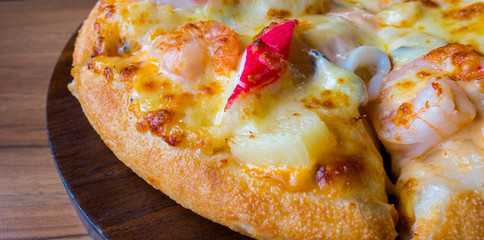 Close up of seafood pizza at italian restaurant