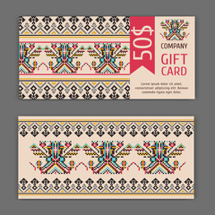 Vector gift card template with a national ornament. Ideal for shops, Spa salons
