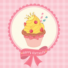 Fototapeta na wymiar Cupcake fantasy design decoration with ribbon for happy birthday card.Illustration vector in pink tartan background colors.