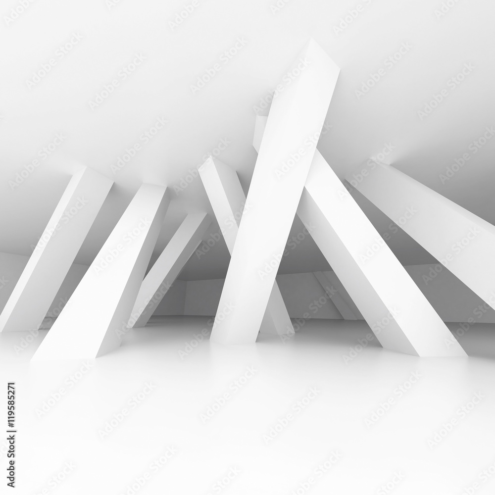 Poster 3d illustration. white modern interior of a non-existent room with inclined in different directions 