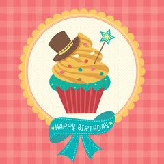 Cupcake fantasy design decoration with ribbon for happy birthday card.Illustration vector in red tartan background colors.
