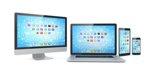 Responsive web design, laptop, smartphone, tablet, computer, display. 3d rendering.