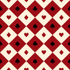 Card Suits Red Burgundy Cream Beige Black White Chess Board Diamond Background Vector Illustration.