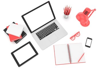 Responsive mockup screens. Laptop, tablet, phone on table. 3d rendering.