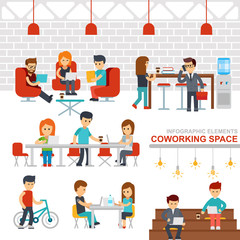 Coworking space infographic elements vector flat design illustration. Creative people working together in workspace. Man and woman working at the computers. Business shared working environment flat