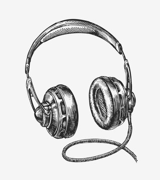 Hand-drawn Vintage Headphones. Sketch Music. Vector Illustration