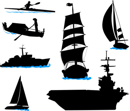 Silhouettes of offshore ships - yacht, fishing boat, the warship.
