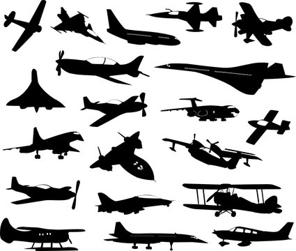 Collection of twenty silhouettes of various planes