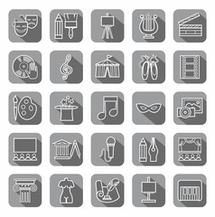 Art & culture, icons, contour, gray. Vector contour icons attributes of culture and art. White image on a gray background with shadow. 