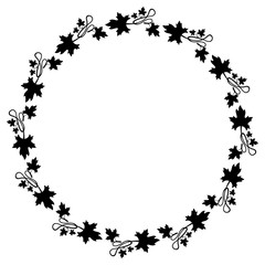 Black and white decorative round frame with maple leaves silhouettes. Vector clip art.