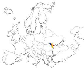 The national Moldova flag in the map of Europe isolated on white background.
