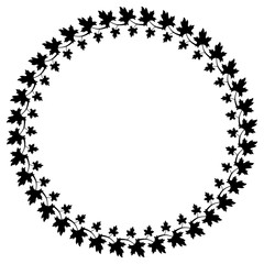 Black and white decorative round frame with maple leaves silhouettes. Vector clip art.