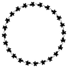 Black and white decorative round frame with maple leaves silhouettes. Vector clip art.