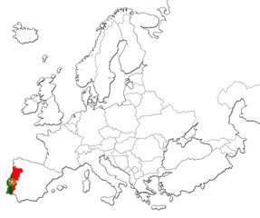 The national Portugal flag in the map of Europe isolated on white background.