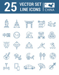 Set vector line icons in flat design with  China elements