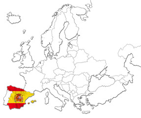 The national Spain flag in the map of Europe isolated on white background.