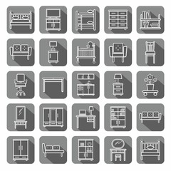 Furniture, icons, monochrome, gray, contour. Vector contour icons for furniture. White image on a gray background with shadow. 