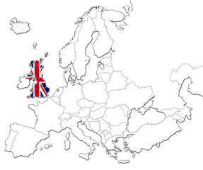 The national United Kingdom flag in the map of Europe isolated on white background.