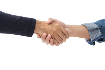 Hands of two men wearing casual clothes making handshake
