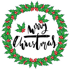 Greeting card with a Christmas wreaths and Merry Christmas message. Christmas lettering