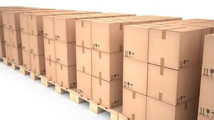 Cardboard boxes on wooden pallets (3d illustration)