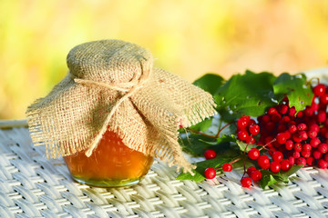 a jar of honey and berries viburnum and mountain ash on a white wicker table. In the background a natural blurred background beautiful summer, autumn garden .. gifts of autumn, organic food 
