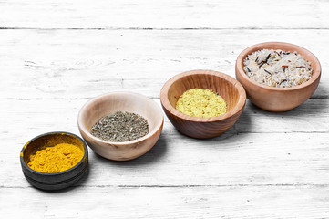 Spices in wooden bowl