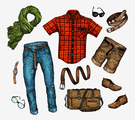 Set of trendy men s clothes. Outfit man neckerchief, shirt, bag, jeans, pants, shorts, leather belt, shoes