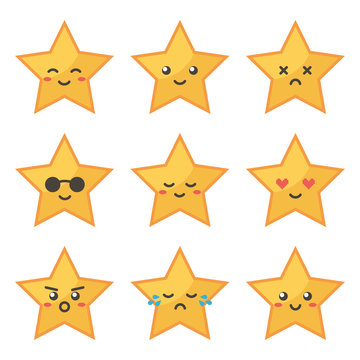 Cute flat design golden star character with different facial expressions, emotions. Set, collection of emoji isolated on white background.