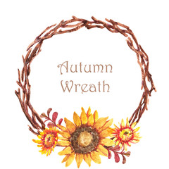 Hand-drawn watercolor illustration of the beautiful autumn wreath with different colorful flowers. Isolated on the white background