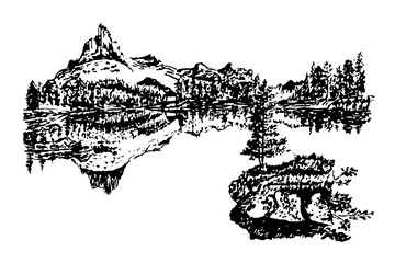 picture landscape, island and forest on a beautiful mountain lake, sketch hand drawn vector illustration