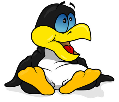 Black Sitting Penguin Talking - Colored Cartoon Illustration, Vector