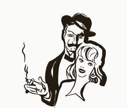sketch of a man with  black mustache,  hat, smoking  cigarette in his hand and  woman  short hair on the head
