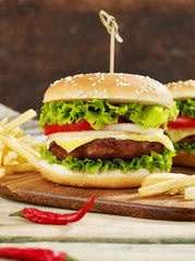 Classic burger with fries and peppers