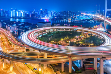 Naklejka premium Aerial View of Shanghai overpass at Night