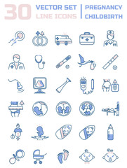 Set of icons in linear style on the subject of pregnancy and chi