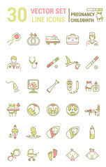 Set of icons in linear style on the subject of pregnancy and chi