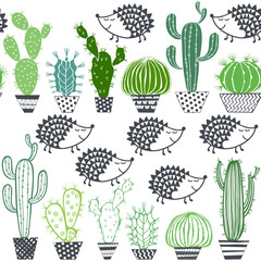 Hedgehogs & cactus. Seamless vector pattern.