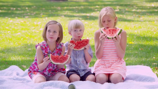 Portrait of children eating watermelon slices